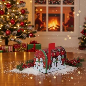 Scatola di Latta a Forma di Cassetta della Posta - Fantasia Pupazzo di Neve/Calza (Scegli dopo l'ordine)