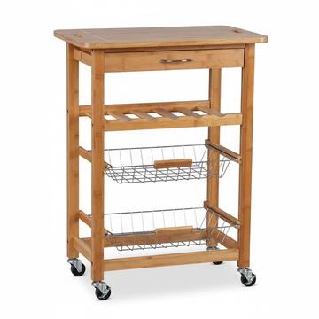 Carrello cucina in legno bambù con ripiani e portabottiglie, 63x40x86