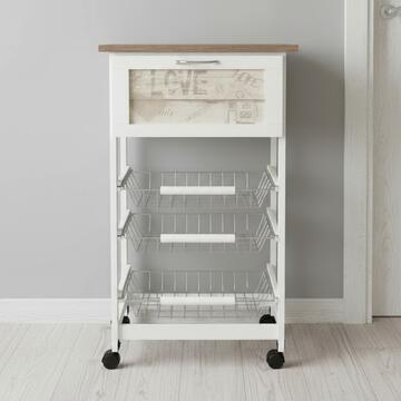 Carrello da Cucina in Legno Bianco/Beige con Ruote, 3 Cestelli + Porta Pane 47x85x37cm