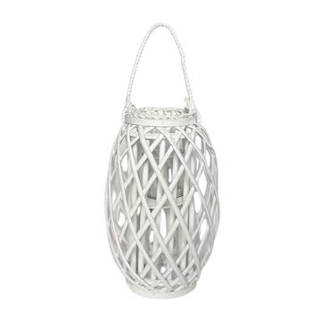 Lanterna in Vimini Bianca 27x27 h40 cm - con Manico in Corda e Porta Candela - Inserto in Vetro