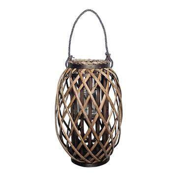 Lanterna in Vimini Marrone 27x27 h40 cm - con Manico in Corda e Porta Candela - Inserto in Vetro
