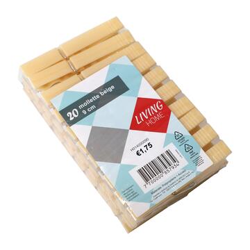 Confezione 20 Mollette per Bucato da 9 cm in Plastica Beige - Antivento - Pinze per Stendibiancheria