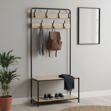 Mobile Ingresso Amany con 2 Ripiani - 80x30 h170 cm - Nero/Rovere - per Ingresso, Ufficio, Studio, Living