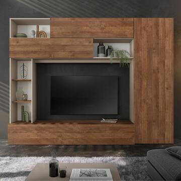 Parete Soggiorno Attrezzata Pratiko 272x40 h 210 cm, Made in Italy, Cashmere/Mercure