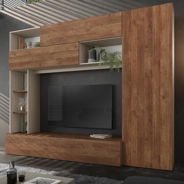 Parete Soggiorno Attrezzata Pratiko 272x40 h 210 cm, Made in Italy, Cashmere/Mercure