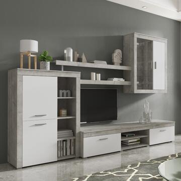 Parete Soggiorno Attrezzata Canberra Bianco Larice/Cemento 290x50 h200 cm