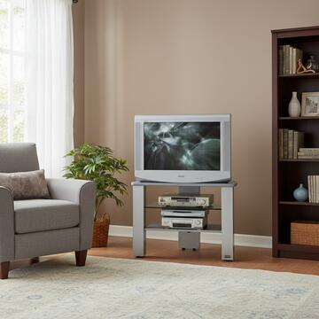 Carrello tv legno con ruote nscoste e ripiani in vetro, silver