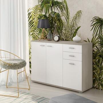 Madia Moderna Oslo 3 Ante + 2 Cassetti, 103x34 h 74cm, Bianco Opaco/Olmo