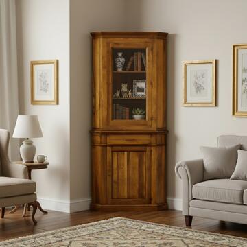 Credenza Classica ad Agolo con Alzata in Legno Massello - Arte Povera - 96x63 h213 cm - Bassano Noce - Made in Italy