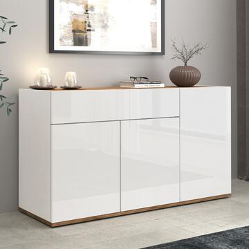 Credenza Garda 3 Ante + 1 Cassetto, L 120 cm, Bianco Lucido/Rovere, Made in Italy