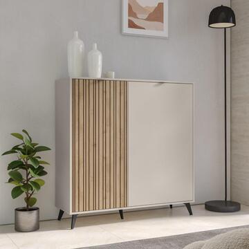 Madia Moderna Multiuso 2 Ante 123x41 h 125cm Cashmere + Anta Effetto Cannettato Rovere