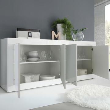Madia Moderna Basic 4 Ante 207x43 h 86 cm, Made in Italy, Bianco Lucido
