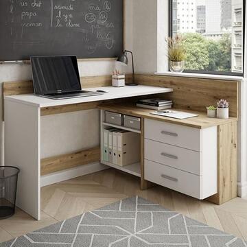 Scrivania Angolo Bergamo Bianco/Rovere 3 Cassetti + 2 Scompartimenti 130x84x112 cm