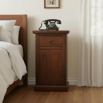 Mobiletto porta telefono in legno noce,1 anta + 1 cassetto