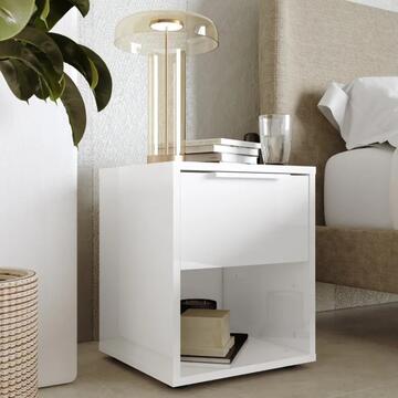 Comodino 1 Cassetto + 1 Vano a Giorno -  36,7x35,3 h43,50 cm - Camera da Letto - Bianco Lucido - Made in Italy