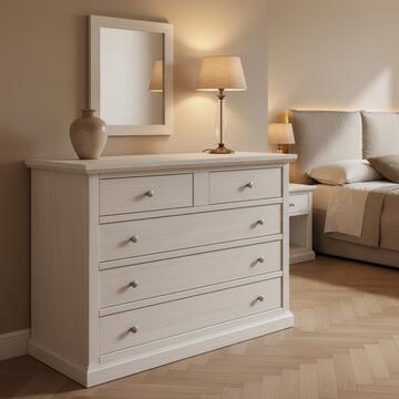 Comò Classico 5 Cassetti Seta Decapè - Arte Povera - 118x55 h88 cm - per Camera da Letto - Made in Italy