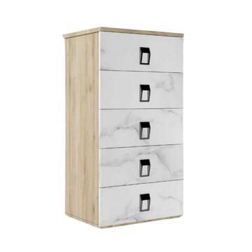 Comò/Cassettiera Cinquino Alino Moderna - 48x40 h99 cm - Camera da Letto - con 5 Cassetti - Rovere Kadiz/Marmo - Made in Italy
