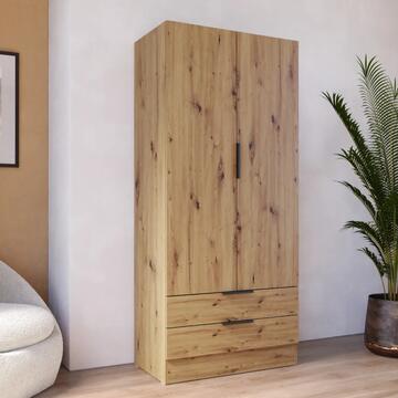 Armadio Moderno 2 Ante Battenti + 2 Cassetti - 82x46 h185 cm - Salvaspazio - Camera da Letto e Lavanderia - Rovere Facile Artisan - Made in Italy