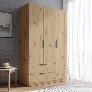 Armadio Moderno 3 Ante Battenti + 2 Cassetti - 120x58 h200 cm - Salvaspazio - Camera da Letto - Rovere Facile Artisan - Made in Italy