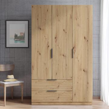 Armadio Moderno 3 Ante Battenti + 2 Cassetti - 120x58 h200 cm - Salvaspazio - Camera da Letto - Rovere Facile Artisan - Made in Italy