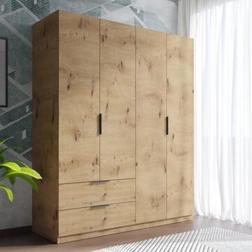 Armadio Moderno 4 Ante Battenti + 2 Cassetti - 162,2x58,2 h200 cm - Salvaspazio - Camera da Letto - Rovere Facile Artisan - Made in Italy