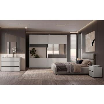 Camera da Letto Matrimoniale Kola, Camera Completa, Grigio/Olmo, con 2 Comodini, Como', Armadio, Letto Contenitore e Specchiera