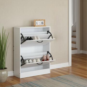 Scarpiera Moderna 2 Ribalte Bianca con Doppio Scoparto - 60x24 h81 cm - per Ingresso, Corridoio, Camera da Letto