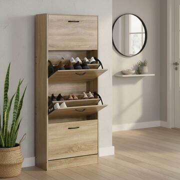 Scarpiera Moderna 4 Ribalte Rovere con Doppio Scoparto - 60x24 h150 cm - per Ingresso, Corridoio, Camera da Letto