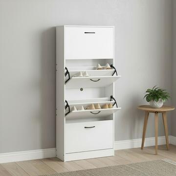 Scarpiera Moderna 4 Ribalte Bianca con Doppio Scoparto - 60x24 h150 cm - per Ingresso, Corridoio, Camera da Letto