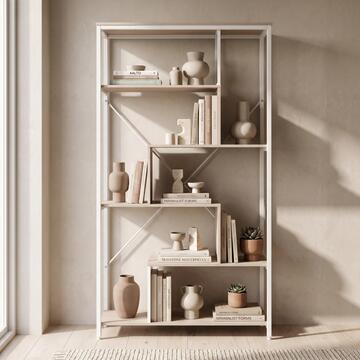 Libreria Moderna 5 Ripiani Zig Zag 85x35 h163 cm con Struttura in Metallo Beige