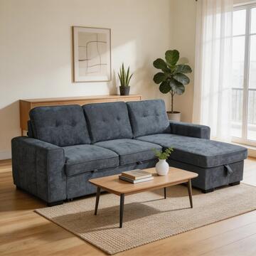 Divano Letto Angolare 3 Posti Reversibile Gael Petrolio - 232x146 h 98 cm - con Vano Contenitore + 3 Cuscini Schienali Sfoderabili