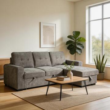 Divano Letto Angolare 3 Posti Reversibile Gael Grigio - 232x146 h 98 cm - con Vano Contenitore + 3 Cuscini Schienali Sfoderabili