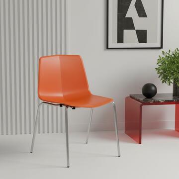 Sedia moderna in plastica arancione gambe in metallo per sala da pranzo, impilabile