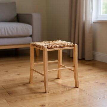 Sgabello Basso in Legno con Seduta in Paglia - Legno Naturale