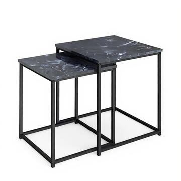 Set 2 Tavolini da Caffè Gerb Effetto Marmo Nero 40x40 h50 cm + 35x35 h45cm - per Soggiorno e Open Space