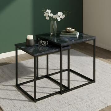Set 2 Tavolini da Caffè Gerb Effetto Marmo Nero 40x40 h50 cm + 35x35 h45cm - per Soggiorno e Open Space