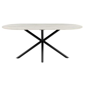 Tavolo da Pranzo Moderno Beno Ovale Travertino Grigio - 180x90 h76 cm - con Piano in Ceramica e Gambe in Metallo Nero Sabbiato