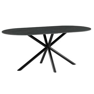 Tavolo da Pranzo Moderno Beno Ovale Travertino Nero - 180x90 h76 cm - con Piano in Ceramica e Gambe in Metallo Nero Sabbiato