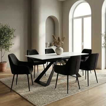 Tavolo Moderno Allungabile Bianco in Ceramica Effetto Marmo con Struttura in Ferro 160/200x90 h76 cm cm