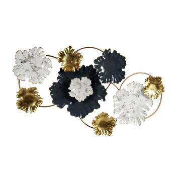Quadro Metallo Decorativo con Fiori combinazione Oro/Bianco/Grafite 91x51x4,4cm