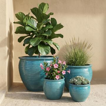 Set 4 Vasi in Ceramica Smaltata Turchese di Diverse Dimensioni per Arredo Casa e Decorazioni