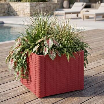 Fioriera Quadrata Rossa Natural 43x43 h33 cm con Riserva d'Acqua e Indicatore di Livello, per Giardino e Terrazzo