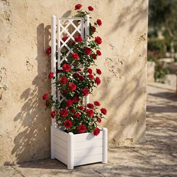 Fioriera Quadra Bianca Italia con Spalliera 43x43 h142 cm, Fioriera Effetto Legno per Rampicanti