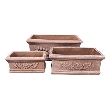 Set 3 Fioriere Rettangolari in Terracotta per Piante, Fiori e Arredo Giardino