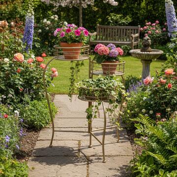 Fioriera con 3 Portavasi in Ferro Verniciato Oro - 50x50 h66 cm - per Interno, Terrazza, Veranda, Balcone, Giardino