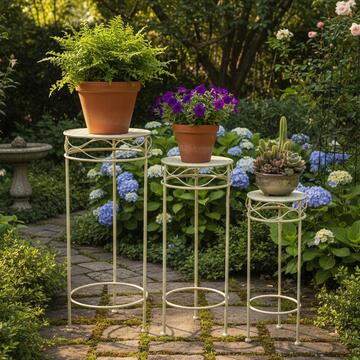 Set 3 Portavasi/SgabellI per Fiori Crym in Ferro Verniciato Crema - Grande 30x30x70 cm, Medio 25x25x60 cm, Piccolo 20x20x50 cm