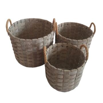Set 3 Cesti Ced Rotondi Portaoggetti in Legno di Cedro e Canapa, Contenitori Decorativi S, M, L