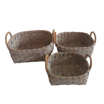 Set 3 Cesti Ced Rettangolari Portaoggetti in Legno di Cedro e Canapa, Contenitori Decorativi S, M, L