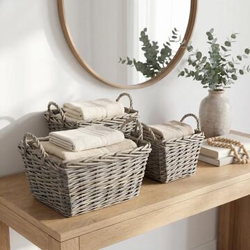 Set 3 Cesti Will Rettangolari Portaoggetti in Legno di Salice, Contenitori Decorativi S, M, L