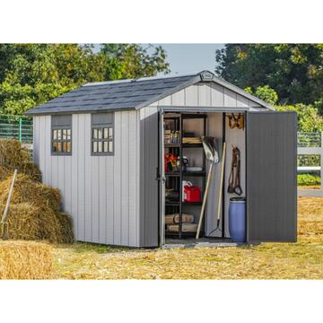 Keter Oakland 7,5x11 Grigia - Casetta da Giardino - Con Porta a Doppia Anta e Finestre 229x350 h242 cm